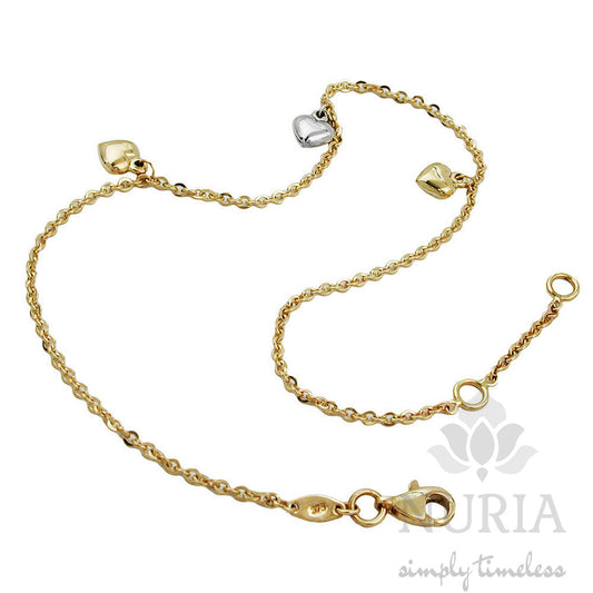 Anklet made of solid 9K gold, anchor chain with 3 shiny golden hearts (yellow and white gold), variable length locking eyelets , 25cm long