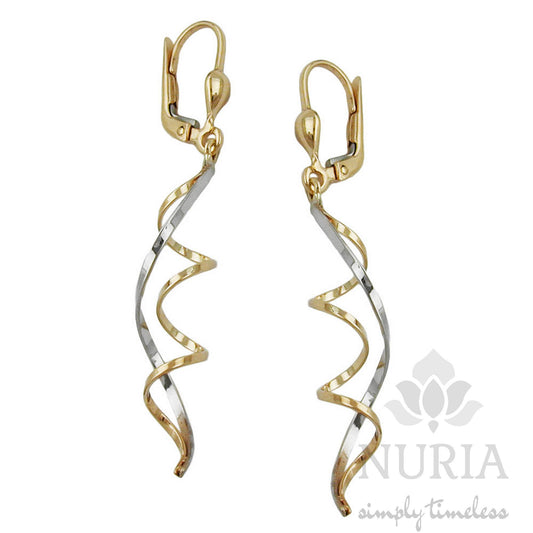 Double spiral earrings, modern, stylish leverback two-tone gold earrings, elegant evening earrings, made of solid yellow and white gold