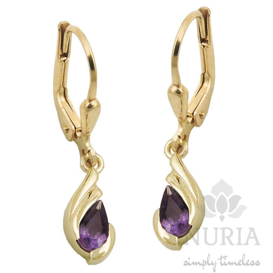 Elegant and sophisticated leverback dangle earrings, 25x5mm with Amethyst crystal stone made in solid 9K Gold