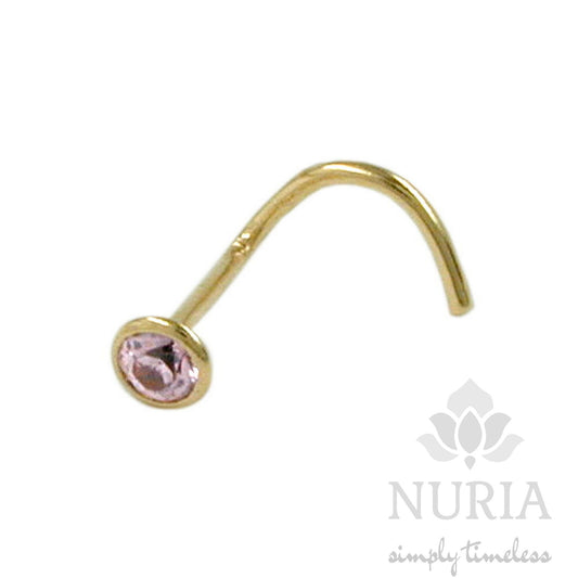 18K Solid Gold Nose screw piercing with 2.5mm pink cubic zirconia, Curve Bar Nose Stud, Diamond Nose Stud, Screw Nose Stud