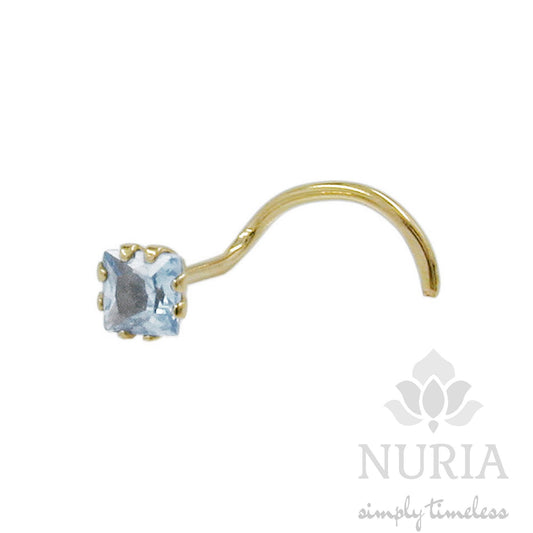 18K Solid Gold Nose piercing with 3x3mm cube aquamarine cubic zirconia, Curve Bar Nose Stud, Diamond Nose Stud, Screw Nose Stud